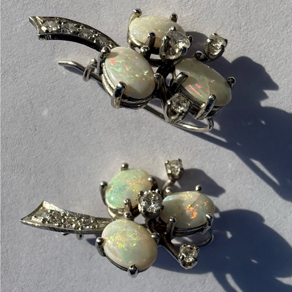 Elegant Vintage Opal and Diamond 14k White Gold  Earrings